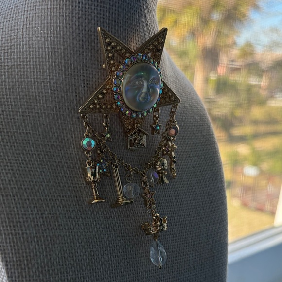 Kirks Folly Gold Star and Moon Face Brooch with Charms - Picture 4 of 9